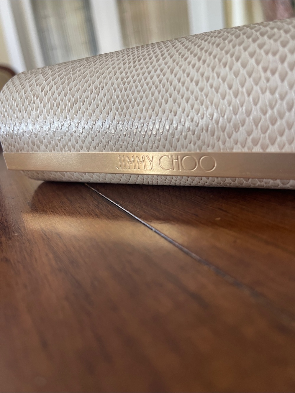 Jimmy Choo Cream Snake-Embossed Eyeglasses Case with Gold Accent